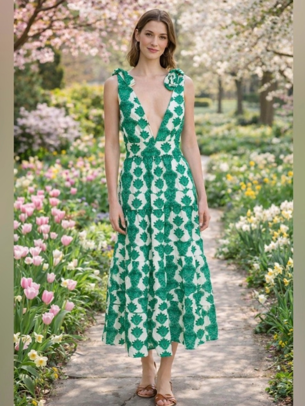 House of Harlow 1960 Green and Cream Floral Linen blend Midi Dress